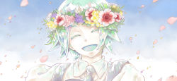 Rule 34 | 1other, androgynous, bad id, bad pixiv id, colored eyelashes, flower, gem uniform (houseki no kuni), green hair, happy, head wreath, houseki no kuni, necktie, open mouth, petals, phosphophyllite, short hair, shuiqin, smile, solo, suspenders, upper body