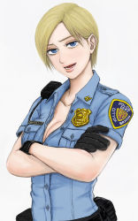 Rule 34 | 1girl, badge, bekio, belt, black gloves, blonde hair, blue eyes, breasts, cleavage, collarbone, crossed arms, cybil bennett, gloves, highres, large breasts, name tag, open mouth, pin, police, police uniform, policewoman, short hair, silent hill, silent hill (series), smile, solo, uniform, upper body, walkie-talkie