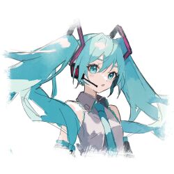 Rule 34 | 1girl, absurdres, blue eyes, blue hair, blue necktie, blush, collared shirt, commentary, cropped torso, detached sleeves, eyelashes, frilled shirt, frilled shirt collar, frills, grey shirt, hatsune miku, headset, highres, looking at viewer, miku ponchan, necktie, open mouth, shirt, simple background, solo, twintails, unfinished, vocaloid, white background