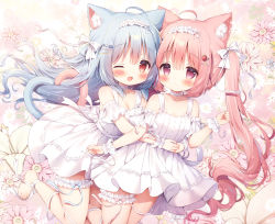Rule 34 | 2girls, ahoge, animal ear fluff, animal ears, ankle ribbon, barefoot, blue hair, blush, bow, bridal garter, cat ears, cat girl, cat tail, dress, face-to-face, feet, floral background, hair bow, hair ornament, hairband, hairclip, heart, heart tail, heart tail duo, highres, hug, hug from behind, leg ribbon, leg up, lolita hairband, long hair, momozu komamochi, multiple girls, one eye closed, open mouth, original, pink eyes, pink hair, red eyes, ribbon, smile, standing, standing on one leg, sundress, tail, thighs, toes, twintails, white dress