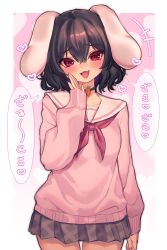 Rule 34 | +++, 1girl, absurdres, animal ears, black choker, black hair, black skirt, blush, breasts, carrot, choker, collarbone, cowboy shot, fang, fingernails, gradient background, hair between eyes, heart, heart background, highres, inaba tewi, long sleeves, looking at viewer, lop rabbit ears, mesugaki, nail polish, neckerchief, open mouth, pink background, pink sweater, plaid, plaid skirt, pleated skirt, qiu ju, rabbit ears, red eyes, red neckerchief, sailor collar, school uniform, serafuku, short hair, skin fang, skirt, small breasts, smile, smug, solo, speech bubble, sweater, touhou, translation request, white sailor collar