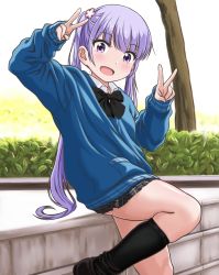 Rule 34 | 1girl, :d, apita (apitaro), black socks, day, double v, flower, hair flower, hair ornament, kneehighs, leaning, long hair, looking at viewer, new game!, open mouth, outdoors, purple eyes, purple hair, skindentation, sleeves past wrists, smile, socks, solo, suzukaze aoba, twintails, v