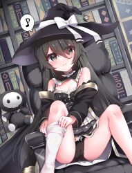 Rule 34 | 1girl, 1other, ass, black dress, black eyes, black hair, black hat, black panties, black sleeves, book, bookshelf, bow, bow panties, breasts, cameltoe, chair, cleavage, cleft of venus, detached sleeves, dress, fenli (fenli and rinne channel), fenli and rinne channel, hat, highres, indie virtual youtuber, karaage3, knee up, legs, long hair, looking at viewer, musical note, panties, rinne (fenli and rinne channel), single thighhigh, sitting, small breasts, smile, solo, spoken musical note, spread legs, stuffed toy, thighhighs, thighhighs pull, thighs, underwear, upskirt, very long hair, virtual youtuber, white thighhighs, witch hat