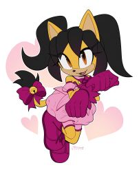 Rule 34 | 1girl, absurdres, alternate costume, animal ears, artist name, bare shoulders, bell, black hair, bow, brown eyes, cat ears, cat girl, cat tail, clenched hands, dated, dress, full body, furry, furry female, gloves, heart, highres, honey the cat, looking at viewer, open mouth, pink armband, pink dress, pink footwear, pink gloves, purple bow, shoes, short twintails, simple background, solo, sonic (series), spacecolonie, strapless, strapless dress, tail, tail bell, tail bow, tail ornament, twintails, white background, yellow fur