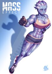 Rule 34 | 2020, abs, alien, blue skin, blush, colored skin, freckles, gloves, liara t&#039;soni, mass effect (series), mass effect 1, muscular, muscular female, phoebus art, shadow, shoes, shorts, signature, sneakers, tank top, tentacle hair, white background