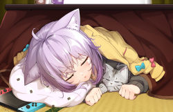 Rule 34 | 1girl, absurdres, ahoge, animal ear fluff, animal ears, blanket, cat, cat ears, closed eyes, commentary request, cup, highres, hololive, inugami korone, inugami korone (1st costume), jacket, lying, mug, nakareki, nekomata okayu, nekomata okayu (1st costume), nintendo switch, pillow, purple hair, sidelocks, signature, sleeping, solo, tatami, virtual youtuber, yellow jacket