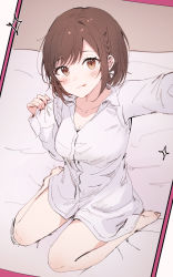 Rule 34 | 1girl, absurdres, arm up, bad id, bad pixiv id, barefoot, blush, braid, breasts, brown eyes, brown hair, cleavage, closed mouth, highres, looking at viewer, project sekai, reaching, reaching towards viewer, selfie, shinonome ena, shirt, short hair, sitting, sketch, smile, solo, tokkyu, tongue, tongue out, wariza, white shirt