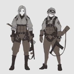 Rule 34 | 2girls, boots, closed mouth, coat, contrapposto, eyes visible through hair, genso, gloves, goggles, goggles on head, grey background, gun, highres, holding, holding gun, holding weapon, limited palette, long hair, looking at viewer, military, multiple girls, one eye covered, original, pants, pouch, puffy sleeves, rifle, shoes, short hair, simple background, standing, watch, weapon, weapon request, wristwatch