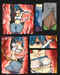 Rule 34 | 1girl, amasaki ryouko, blank blood, blood, blue hair, blush, cracklecradle, female focus, green eyes, knife, mos yen, open mouth, pussy, strapless, tube top, vore
