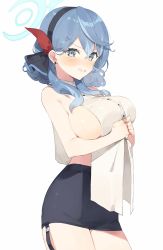 Rule 34 | 1girl, ako (blue archive), anger vein, bare arms, black hairband, black skirt, blue archive, blue eyes, blue hair, blush, breasts, collared shirt, cowboy shot, from side, full-face blush, garter straps, hair between eyes, hair ribbon, hairband, halo, highres, large breasts, meunhongcha, midriff, no bra, nose blush, parted lips, red ribbon, ribbon, shirt, sideboob, simple background, skirt, sleeveless, sleeveless shirt, solo, standing, tears, white background, white shirt
