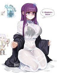 Rule 34 | 2girls, black coat, blunt bangs, blush, blushyspicy, breasts, closed eyes, coat, dress, elf, english text, fern (sousou no frieren), frieren, frown, highres, large breasts, like and retweet, long hair, long sleeves, meme, multiple girls, panties, pointy ears, purple eyes, purple hair, see-through, sousou no frieren, thighs, twintails, twitter strip game (meme), underwear, wet, wet clothes, white background, white dress, white hair