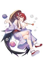 Rule 34 | 1girl, balloon, black wings, bubble, feathered wings, full body, hat, highres, holding, holding smoking pipe, japanese clothes, kimono, crossed legs, long sleeves, looking at viewer, low wings, off shoulder, official art, open mouth, smoking pipe, red hair, shirohime quest, solo, transparent background, wings, yukata