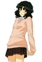 Rule 34 | 1girl, amagami, arms behind back, black hair, blush, grey eyes, highres, long hair, looking at viewer, o-de, open mouth, own hands together, pleated skirt, school uniform, simple background, skirt, smile, solo, sweater, tanamachi kaoru, wavy hair, white background