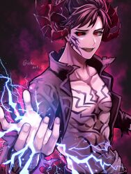 Rule 34 | 1boy, abs, asaba ichi, belial (granblue fantasy), black hair, black jacket, black sclera, chest tattoo, collarbone, colored sclera, electricity, evil smile, facial tattoo, fingernails, granblue fantasy, highres, horns, jacket, male focus, mature male, mismatched sclera, muscular, muscular male, open mouth, purple background, red eyes, smile, solo, tattoo, twitter username, upper body