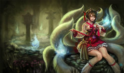 Rule 34 | 1girl, :d, ahri (league of legends), alternate hairstyle, animal ears, bad cghub id, bad id, black hair, bow, braid, breasts, bug, butterfly, dynasty ahri, facial mark, fangs, fox ears, fox tail, frilled skirt, frills, hair bun, hair ornament, hair stick, hair up, half-closed eyes, hitodama, holding, insect, knees together feet apart, korean clothes, large breasts, league of legends, leg warmers, long sleeves, looking at viewer, multiple tails, nature, official alternate costume, open mouth, outdoors, ribbon, rock, sash, signature, single hair bun, sitting, skirt, smile, solo, stone lantern, swept bangs, taemin park, tail, tassel, tree, whisker markings, white legwear, yellow eyes
