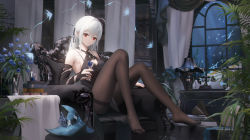 Rule 34 | 1girl, absurdres, arknights, armchair, black dress, black gloves, black pantyhose, blue flower, breasts, chair, cleavage, cleavage cutout, clothing cutout, cup, curtains, dress, drinking glass, elbow gloves, flower, gloves, grey hair, halterneck, hat, unworn hat, headgear, unworn headwear, highres, holding, holding cup, indoors, lamp, legs, ling dianxia, long hair, looking at viewer, medium breasts, night, no shoes, pantyhose, plant, potted plant, red eyes, sitting, skadi (arknights), skadi the corrupting heart (arknights), soles, solo, toes, water, window, wine glass