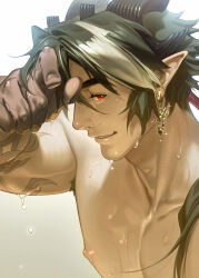 Rule 34 | 1boy, arknights, arm tattoo, armpit hair, bara, bare pectorals, chiizu namasu, chong yue (arknights), collarbone, commentary, dragon boy, dragon horns, earrings, english commentary, glint, gradient background, hand on own forehead, highres, horns, jewelry, looking at viewer, male focus, multicolored hair, nipples, pectorals, pointy ears, profile, red eyes, solo, tattoo, toned, toned male, topless male, upper body, wet