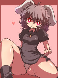 Rule 34 | 1girl, alternate color, animal ears, black hair, carrot, carrot necklace, curly hair, hakika, heart, inaba tewi, jewelry, naughty face, necklace, panties, panty lift, panty pull, pendant, player 2, rabbit ears, red eyes, short hair, simple background, sitting, smile, solo, thick thighs, thighs, touhou, underwear