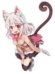 Rule 34 | 1girl, 3.14, animal ears, bell, between breasts, black skirt, black thighhighs, blush, bow, bow panties, breasts, cat ears, cat tail, copyright request, full body, grey hair, grey panties, holding, holding clothes, holding panties, holding underwear, impossible clothes, jingle bell, long sleeves, looking at viewer, medium breasts, open mouth, over-kneehighs, panties, red eyes, simple background, skirt, solo, strap between breasts, tail, tareme, teeth, thighhighs, underwear, white background