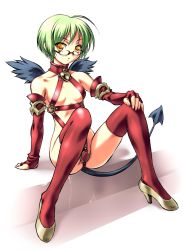 Rule 34 | 1girl, breasts, demon tail, elbow gloves, glasses, gloves, green hair, high heels, highres, medium breasts, ngo (ngo dandelion), original, shoes, short hair, solo, tail, thighhighs, wings, yellow eyes