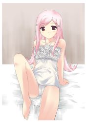 Rule 34 | 00s, 1girl, arm support, bed, camisole, hair ornament, hairclip, highres, lingerie, long hair, lucy maria misora, panties, pink hair, red eyes, sitting, solo, to heart (series), to heart 2, underwear, white panties