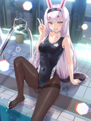 Rule 34 | 1girl, animal ears, azur lane, black one-piece swimsuit, black pantyhose, breasts, clothes writing, commentary request, competition swimsuit, hakamaboooots, highres, lens flare, long hair, one-piece swimsuit, panties, panties under pantyhose, pantyhose, pantyhose under swimsuit, poolside, puddle, rabbit ears, shimakaze (azur lane), small breasts, soaking feet, solo, swimsuit, thighband pantyhose, underwear, v, water, wet, wet clothes, wet swimsuit, white hair, yellow eyes