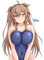 Rule 34 | 1girl, blue one-piece swimsuit, breasts, brown eyes, collarbone, competition swimsuit, covered navel, cowboy shot, dated, hair between eyes, hair flaps, hair ornament, hairclip, heterochromia, highres, kantai collection, large breasts, light brown hair, looking at viewer, montemasa, murasame (kancolle), murasame kai ni (kancolle), one-piece swimsuit, red eyes, simple background, solo, swimsuit, twitter username, two side up, white background