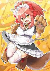 Rule 34 | 10s, 1girl, alternate costume, animal ear fluff, animal ears, animal hands, apron, bell, blush, breasts, cat hair ornament, cat paws, cleavage, collar, enmaided, fangs, fate/extra, fate/grand order, fate (series), fox ears, fox tail, gloves, hair ornament, hair ribbon, jingle bell, large breasts, long hair, looking at viewer, maid, maid apron, maid headdress, neck bell, open mouth, paw gloves, paw shoes, pink hair, ponytail, red ribbon, ribbon, shoes, solo, tail, tamamo (fate), tamamo cat (fate), tamamo cat (second ascension) (fate), thighhighs, tyone, waist apron, white thighhighs, yellow eyes