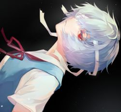 Rule 34 | 1girl, ayanami rei, b.s (fwpt2745), bandage on face, bandage over one eye, bandages, black background, blue hair, blue vest, chinese commentary, commentary request, from side, hair between eyes, highres, light particles, looking at viewer, neck ribbon, neon genesis evangelion, one eye covered, parted lips, red eyes, red ribbon, ribbon, school uniform, shaft look, shirt, short hair, short sleeves, solo, tokyo-3 middle school uniform, upper body, vest, white shirt