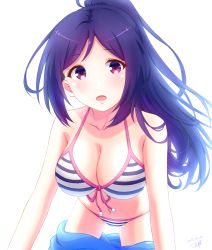 Rule 34 | 10s, 1girl, 2017, :o, bikini, birthday, blue hair, breasts, cleavage, dated, front-tie top, hanging breasts, happy birthday, highres, large breasts, long hair, looking at viewer, love live!, love live! school idol festival, love live! sunshine!!, matsuura kanan, navel, open mouth, purple eyes, sasurai (kijitora713), signature, solo, striped bikini, striped clothes, swimsuit