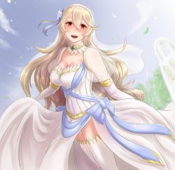 Rule 34 | 1girl, :d, alternate costume, blue bow, blue ribbon, blue sky, blush, bow, breasts, choker, cleavage, cloud, collarbone, corrin (female) (fire emblem), corrin (fire emblem), day, dress, elbow gloves, fire emblem, fire emblem fates, floating hair, flower, gloves, hair between eyes, hair flower, hair ornament, hair ribbon, hairband, head tilt, highres, long hair, looking at viewer, medium breasts, nintendo, open mouth, outdoors, panties, pantyshot, pointy ears, red eyes, ribbon, see-through, side slit, silver hair, sky, smile, solo, standing, thighhighs, underwear, very long hair, white dress, white flower, white gloves, white hairband, white panties, white thighhighs, yori (a a yori)