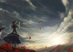 Rule 34 | 1girl, bad id, bad pixiv id, cloud, female focus, flower, landscape, mountain, ni piao xiancai, onozuka komachi, petals, scenery, scythe, sky, solo, spider lily, touhou, twintails, two side up