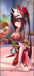 Rule 34 | 1girl, absurdres, bare shoulders, barefoot, bell, black choker, black gloves, blurry, blurry background, blush, bow, breasts, brown hair, choker, dress, feifu, fireworks, fox mask, gloves, halterneck, highres, honkai: star rail, honkai (series), long hair, looking at viewer, mask, mask on head, medium breasts, neck bell, open mouth, pink eyes, red dress, sash, sitting, smile, solo, sparkle (honkai: star rail), thighs, twintails, very long hair, wariza
