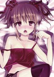 Rule 34 | 1girl, bed, bow, brown hair, camisole, chestnut mouth, gaou (umaiyo puyoman), hair bow, hair ribbon, open mouth, purple eyes, ribbon, saliva, sweat, thighhighs, twintails