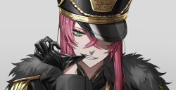 Rule 34 | 1girl, biting, black cloak, black clover, black clover: sword of the wizard king, black gloves, cloak, glove biting, gloves, green eyes, grey background, hat, highres, long bangs, long hair, looking at viewer, military hat, open mouth, pink hair, princia funnybunny, simple background, solo, tsugutoku
