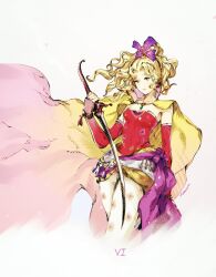 Rule 34 | 1girl, artist name, beads, blonde hair, breasts, cape, detached sleeves, earrings, final fantasy, final fantasy vi, floating hair, gradient cape, gradient sleeves, green eyes, hair beads, hair intakes, hair ornament, highres, holding, holding sword, holding weapon, jewelry, kubaushi, long hair, long sleeves, pantyhose, pink cape, pink sleeves, ponytail, print pantyhose, red sleeves, roman numeral, simple background, small breasts, solo, sword, tina branford, two-tone cape, two-tone sleeves, wavy hair, weapon, white background, white pantyhose, yellow cape