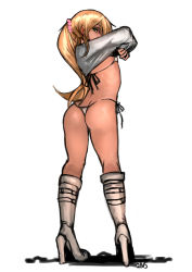 Rule 34 | 1boy, 2n5, androgynous, ass, bad id, bad pixiv id, bikini, blonde hair, boots, clothes lift, crossdressing, earrings, from behind, full body, g-string, green eyes, high heel boots, high heels, jewelry, knee boots, legs, long hair, looking back, male focus, micro bikini, original, panties, ponytail, scrunchie, shirt lift, side-tie bikini bottom, side-tie panties, simple background, solo, standing, swimsuit, thighs, thong, trap, underwear, undressing, white background, white panties