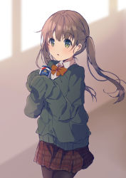 Rule 34 | 1girl, :o, asanagi kurumi (panda-doufu), black pantyhose, bow, brown bow, brown hair, brown skirt, can, cardigan, collared shirt, green cardigan, green eyes, hair between eyes, hands up, highres, holding, holding can, long hair, long sleeves, looking at viewer, original, pantyhose, parted lips, plaid, plaid skirt, pleated skirt, school uniform, shirt, skirt, sleeves past fingers, sleeves past wrists, solo, twintails, white shirt