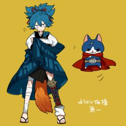 Rule 34 | 10s, bandages, blue eyes, blue hair, cape, cat, crossed arms, crossover, full body, fuyunyan, l hakase, looking at viewer, no socks, red cape, sandals, sayo samonji, scar, simple background, standing, touken ranbu, traditional youkai, translation request, youkai watch, youkai watch 2