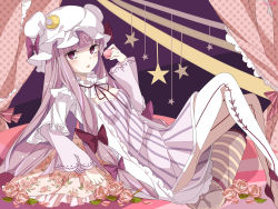 Rule 34 | 1girl, ass, blush, bow, capelet, crescent, dress, female focus, flower, food, hat, heart, highres, long hair, macaron, pantyhose, patchouli knowledge, purple eyes, purple hair, rose, sitting, solo, star (symbol), sumi mi, touhou, white pantyhose
