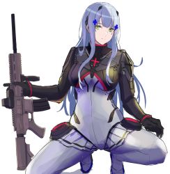 Rule 34 | 1girl, 3 small spiders, absurdres, assault rifle, black gloves, blue hair, bodysuit, breasts, closed mouth, commentary, girls&#039; frontline, gloves, green eyes, gun, h&amp;k hk416, hair ornament, hairclip, highres, hk416 (girls&#039; frontline), hk416 (midnight evangelion) (girls&#039; frontline), holding, holding gun, holding weapon, long hair, long sleeves, looking at viewer, medium breasts, official alternate costume, rifle, sitting, solo, teardrop facial mark, teardrop tattoo, weapon, white background
