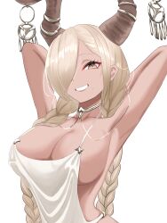 Rule 34 | 1girl, armpits, arms behind head, arms up, azur lane, blonde hair, braid, breasts, brown horns, dark-skinned female, dark skin, dress, gown, hair over one eye, highres, horns, jewelry, lam b, large breasts, long hair, looking at viewer, mole, mole under mouth, necklace, owari (azur lane), owari (shimmering forsythia) (azur lane), presenting armpit, revealing clothes, sideboob, simple background, smile, solo, twin braids, very long hair, white background, white dress, yellow eyes