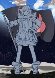 Rule 34 | 1girl, black sky, boots, closed eyes, closed mouth, commentary request, earth (planet), facing viewer, flag, full body, hair ornament, helmet, highres, holding, holding flag, logo, long sleeves, on moon, partially colored, planet, sketch, sky, smile, solo, space, space helmet, spacesuit, standing, star (sky), starry sky, straight-on, thighhighs, toromera, vocaloid, voiceroid, yuzuki yukari
