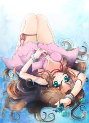 Rule 34 | 1990s (style), 1girl, aerith gainsborough, bracelet, breasts, brown hair, bug, butterfly, cleavage, dress, female focus, final fantasy, final fantasy vii, full body, gradient background, green eyes, hayatoshindo, insect, jewelry, long hair, lying, materia, retro artstyle, shindou hayato, solo, water