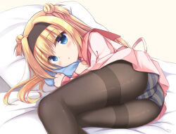 Rule 34 | 1girl, black hairband, black pantyhose, blonde hair, blue eyes, blush, cameltoe, chitose sana, commentary request, commission, crossed arms, double bun, eyelashes, eyes visible through hair, feet out of frame, from behind, hair between eyes, hair bun, hair intakes, hairband, head on pillow, hugging object, igarashi kenji, legs together, long hair, long sleeves, looking at viewer, lying, miniskirt, on bed, on side, panties, panties under pantyhose, pantyhose, pantyshot, parted lips, pillow, pillow hug, pink shirt, pink skirt, pleated skirt, red sailor collar, sailor collar, school uniform, serafuku, shirt, simple background, skeb commission, skirt, solo, striped clothes, striped panties, tenshinranman, thighband pantyhose, thighs, two side up, underwear, white background
