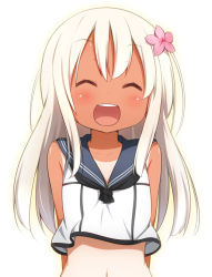 Rule 34 | 10s, 1girl, :d, ^ ^, blonde hair, closed eyes, crop top, flower, hair flower, hair ornament, kantai collection, long hair, miyako hito, navel, open mouth, ro-500 (kancolle), school uniform, serafuku, simple background, smile, solo, tan, white background
