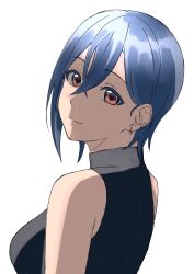 Rule 34 | 1girl, absurdres, black shirt, blue hair, breasts, closed mouth, commentary request, crossed bangs, earrings, from behind, hair between eyes, highres, jewelry, looking at viewer, love live!, love live! superstar!!, medium breasts, orange eyes, s sho mkrn, shirt, short hair, single sidelock, sleeveless, sleeveless shirt, solo, upper body, wakana shiki, white background