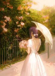 Rule 34 | 1girl, backless dress, backless outfit, bloom, bow, bush, chainsaw man, choker, dress, flower, grass, hair bow, highres, holding, holding umbrella, looking to the side, puffy short sleeves, puffy sleeves, purple hair, reze (chainsaw man), short hair, short sleeves, sidelocks, solo, solraka, umbrella, white bow, white choker, white dress
