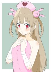Rule 34 | 1girl, absurdres, bad id, bad twitter id, bandaged arm, bandages, blue background, blush, body blush, closed mouth, donguri suzume, fingernails, hair ornament, hat, heart, highres, light brown hair, long hair, looking at viewer, nail polish, naked towel, natori sana, nurse cap, pink hat, pink nails, pink towel, rabbit hair ornament, red eyes, sana channel, simple background, solo, towel, two side up, upper body, virtual youtuber