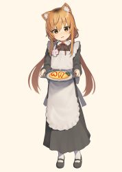 Rule 34 | 1girl, alternate costume, animal ear fluff, animal ears, apron, beige background, black dress, black footwear, blush, broccoli, brown eyes, brown hair, cat ears, collared dress, commentary request, dress, enmaided, food, frilled apron, frills, full body, hair between eyes, head tilt, highres, holding, holding tray, ienaga mugi, long hair, long sleeves, low twintails, maid, mary janes, neck ribbon, nijisanji, omelet, omurice, pantyhose, parted lips, plate, red ribbon, ribbon, seramikku, shoes, simple background, smile, solo, standing, tray, twintails, very long hair, virtual youtuber, white apron, white pantyhose